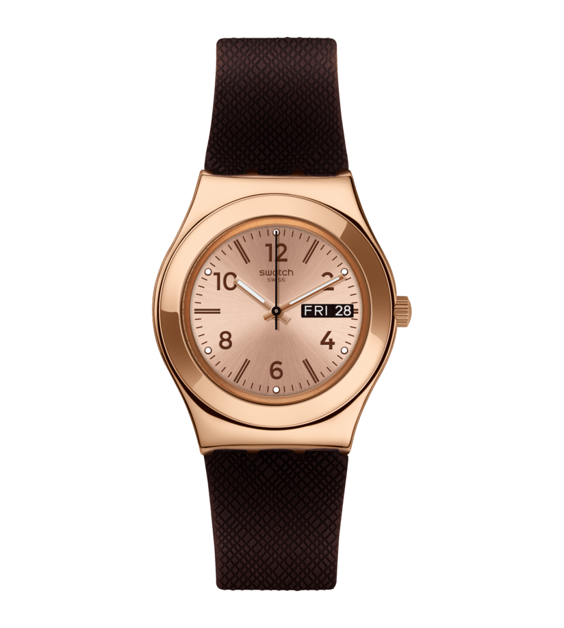 Armbanduhr mit Roségoldfarbenem Gehäuse und dunklem, strukturiertem Silikonarmband