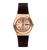 Armbanduhr mit Roségoldfarbenem Gehäuse, beigem Zifferblatt und Anzeige „FRI 28“