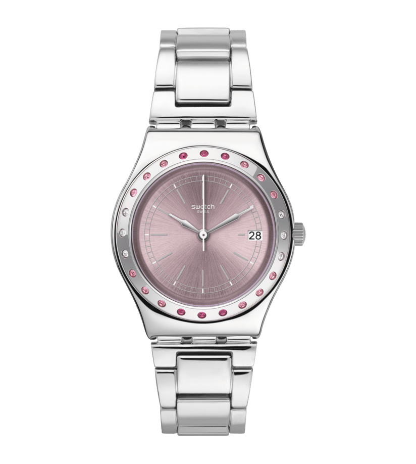 Damenarmbanduhr Swatch mit rosafarbenem Zifferblatt, Edelstahlband und Kristalllünette