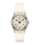 Armbanduhr mit weißem Lederarmband und silberner, kristallbesetzter Lünette