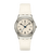 Armbanduhr in Frontansicht mit weißem Lederarmband und silberner, kristallbesetzter Lünette