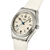 Armbanduhr-Zifferblatt mit blauen Zeigern, weißem Armband und kristallbesetzter Lünette