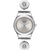 Damenarmbanduhr im Detail: silberfarbenes Gehäuse mit rundem Zifferblatt und Strass-Element