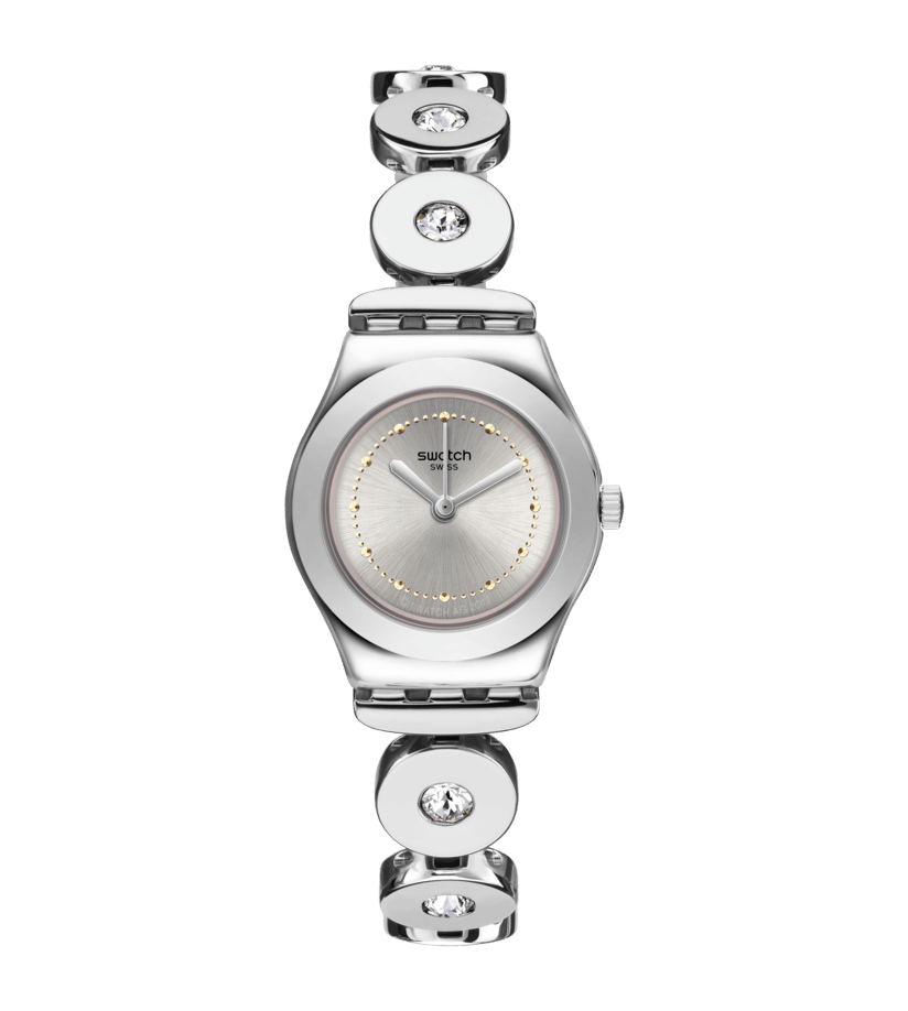 Damenarmbanduhr mit silberfarbenem Edelstahlgehäuse, rundem Zifferblatt und Strass-Lünette