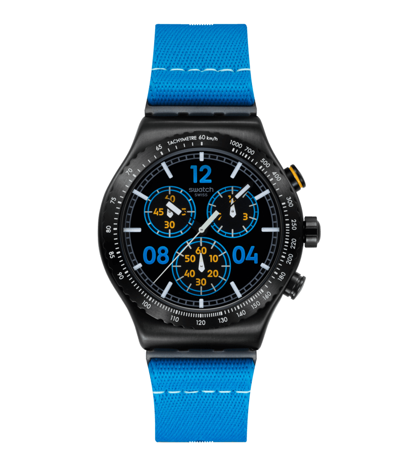 Herren-Chronographenuhr mit schwarzem Gehäuse und blauem Textilarmband, blaues Zifferblatt
