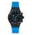 Herren-Chronographenuhr frontal: schwarzes Gehäuse, blaues Zifferblatt und blaues Armband
