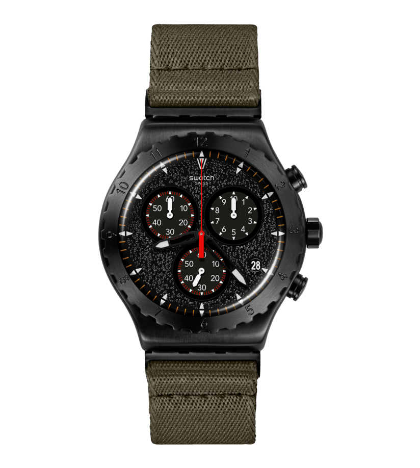 Swatch Chronographen-Armbanduhr mit schwarzem Gehäuse und khakifarbenem Textilband