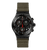 Frontansicht Chronographen-Uhr: schwarzes Gehäuse, leuchtende Indizes, khakifarbenes Textilband