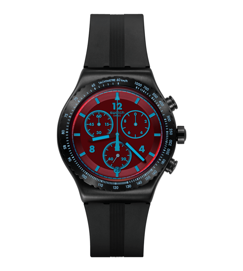 Herren-Chronograph Armbanduhr mit schwarzem Gehäuse, rotem Zifferblatt und schwarzem Silikonband