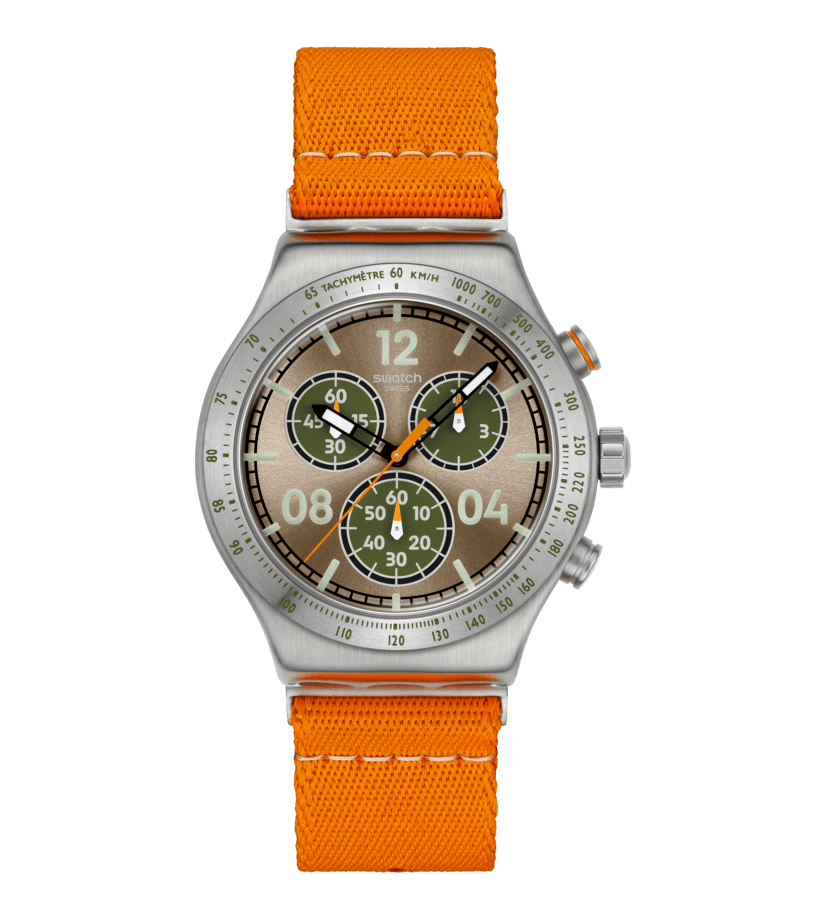 Swatch Herrenarmbanduhr mit orangefarbenem Textilband und beigem Chrono-Zifferblatt
