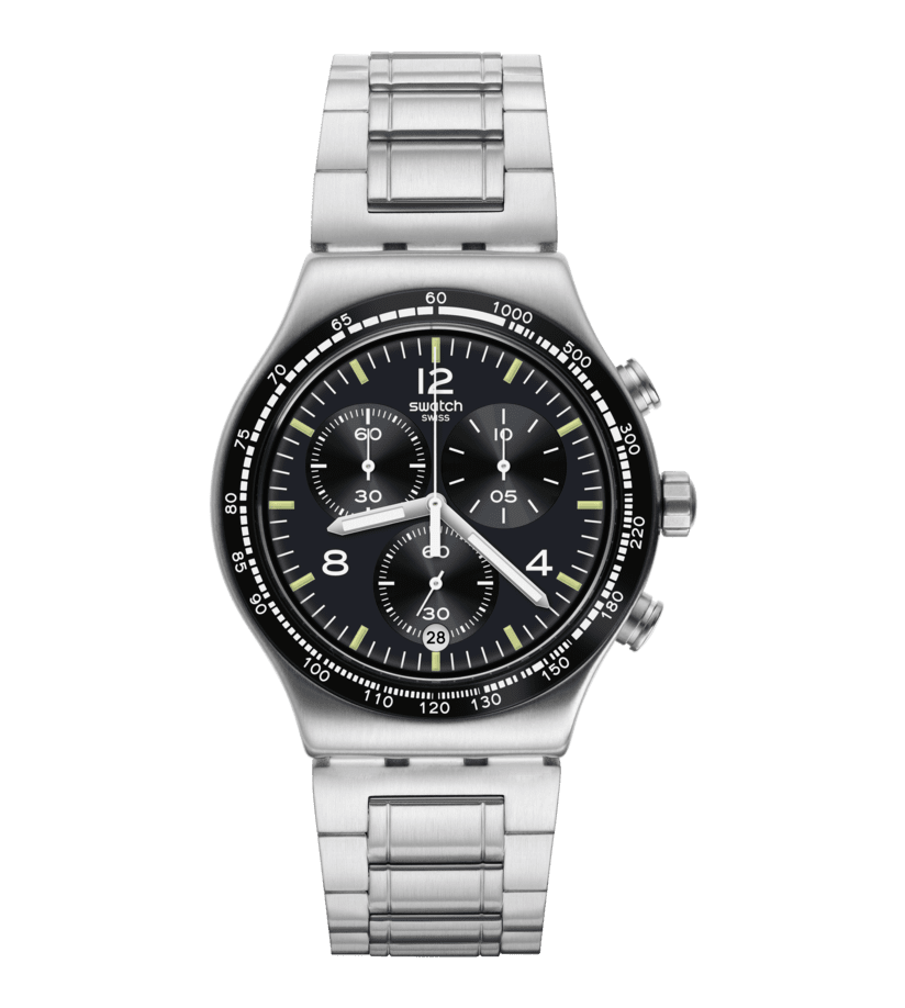 Herren-Chronographenarmbanduhr mit schwarzem Zifferblatt, Edelstahlarmband und Tachymeter-Lünette