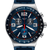 Herrenarmbanduhr Nahansicht: blaues Chronographenzifferblatt mit Datum und rotem Akzent