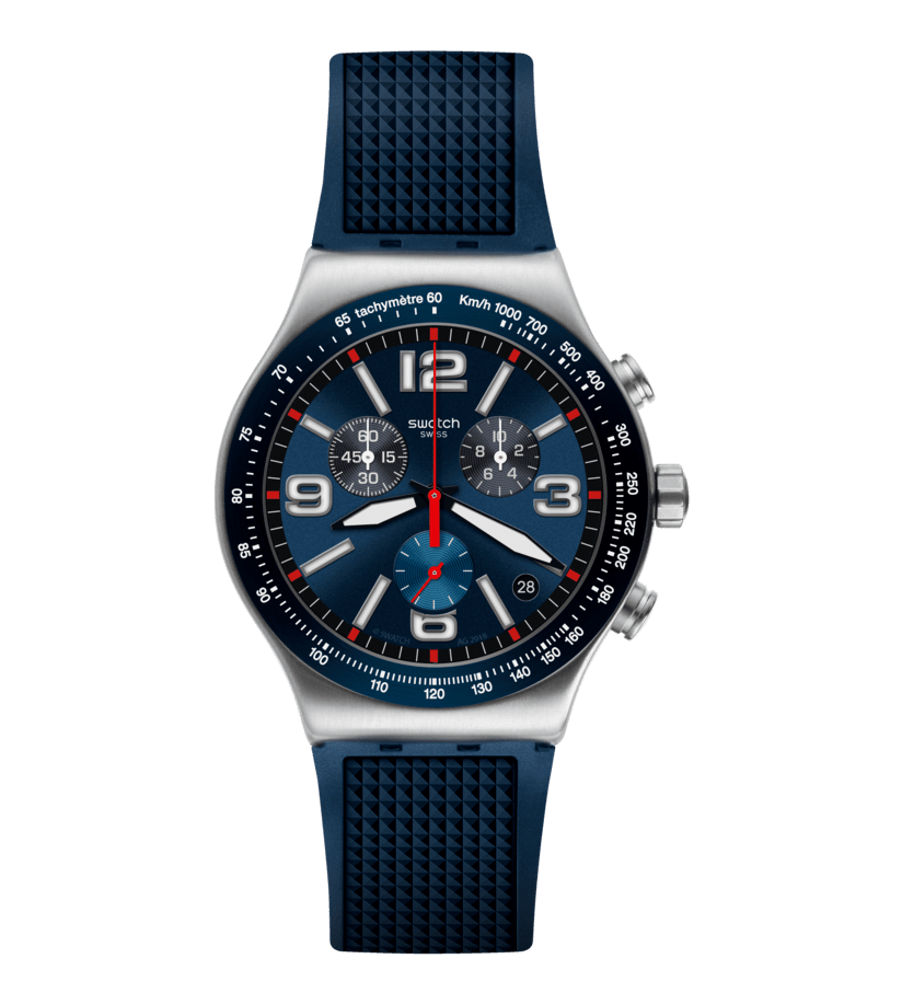 Herrenarmbanduhr mit blauem Chronographenzifferblatt, Edelstahlgehäuse und dunkelblauem Band