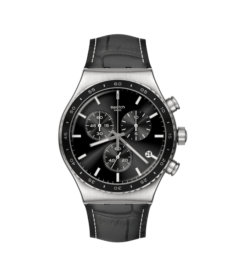 Herren-Chronograph Armbanduhr mit schwarzem Zifferblatt und schwarzem Lederarmband