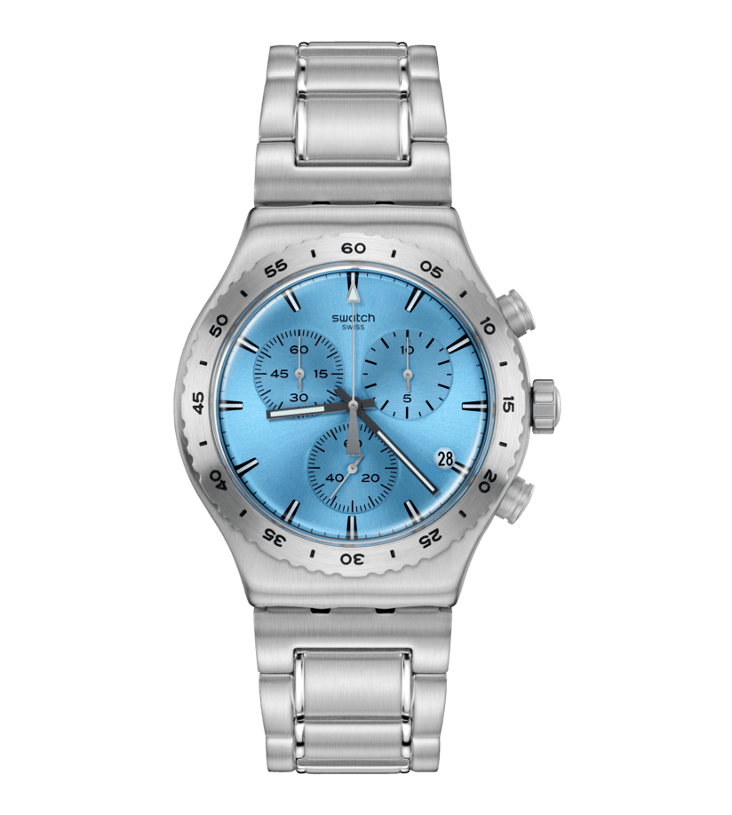 Swatch Damen-Chronograph mit Edelstahlarmband und blauem Zifferblatt