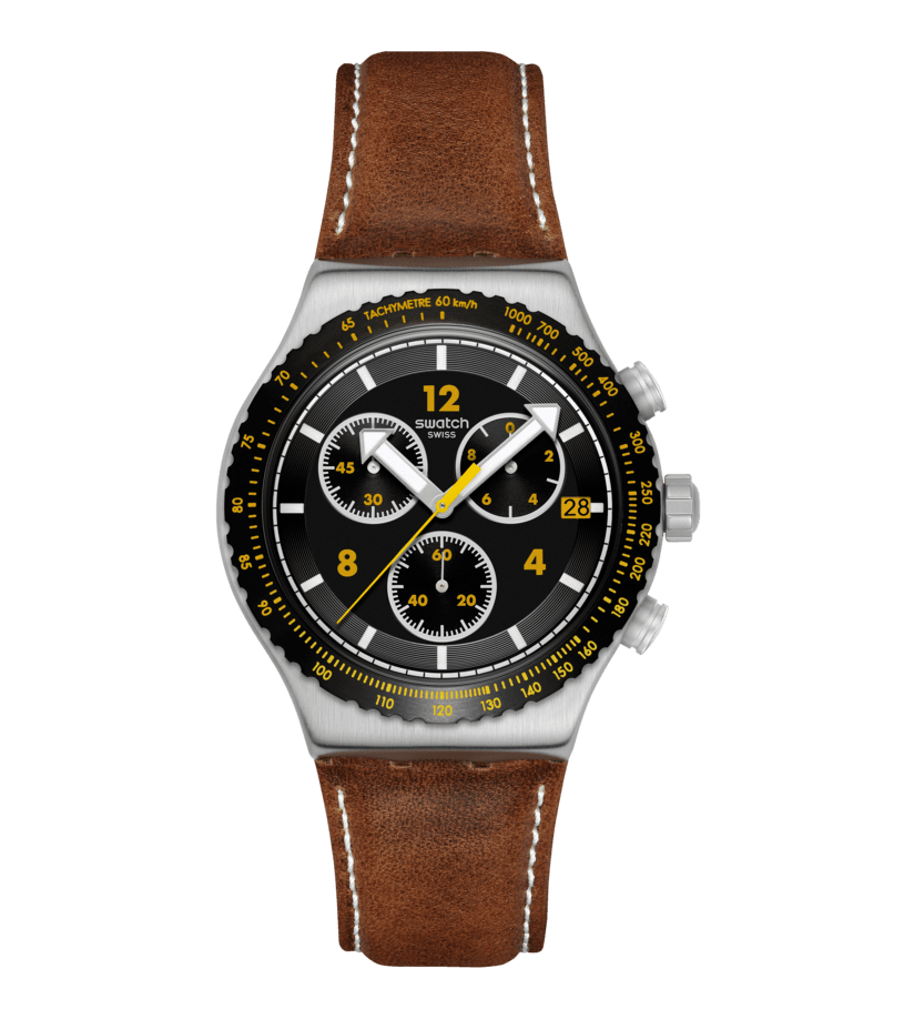 Swatch Chronographen-Armbanduhr mit schwarzem Zifferblatt, Leuchtzeigern und braunem Lederband