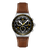 Swatch Chronographen-Armbanduhr mit schwarzem Zifferblatt, braunem Lederband und gelben Akzenten