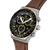 Swatch Chronographen-Armbanduhr mit schwarzem Zifferblatt, braunem Lederband und Drückern