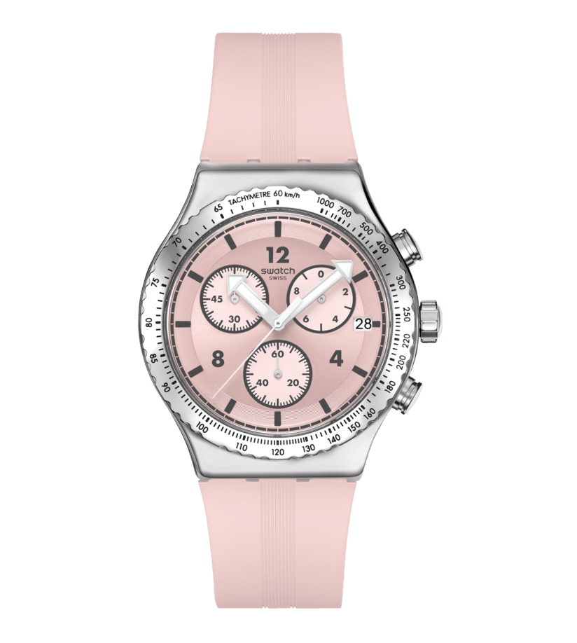 Damen-Chronograph mit rosafarbenem Silikonarmband und silberner Lünette, rundes Zifferblatt