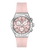 Damen-Chronograph mit rosafarbenem Silikonarmband und silberner Lünette, rundes Zifferblatt