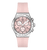 Damen-Chronograph mit rosafarbenem Silikonarmband, silbernes Gehäuse mit Drückern