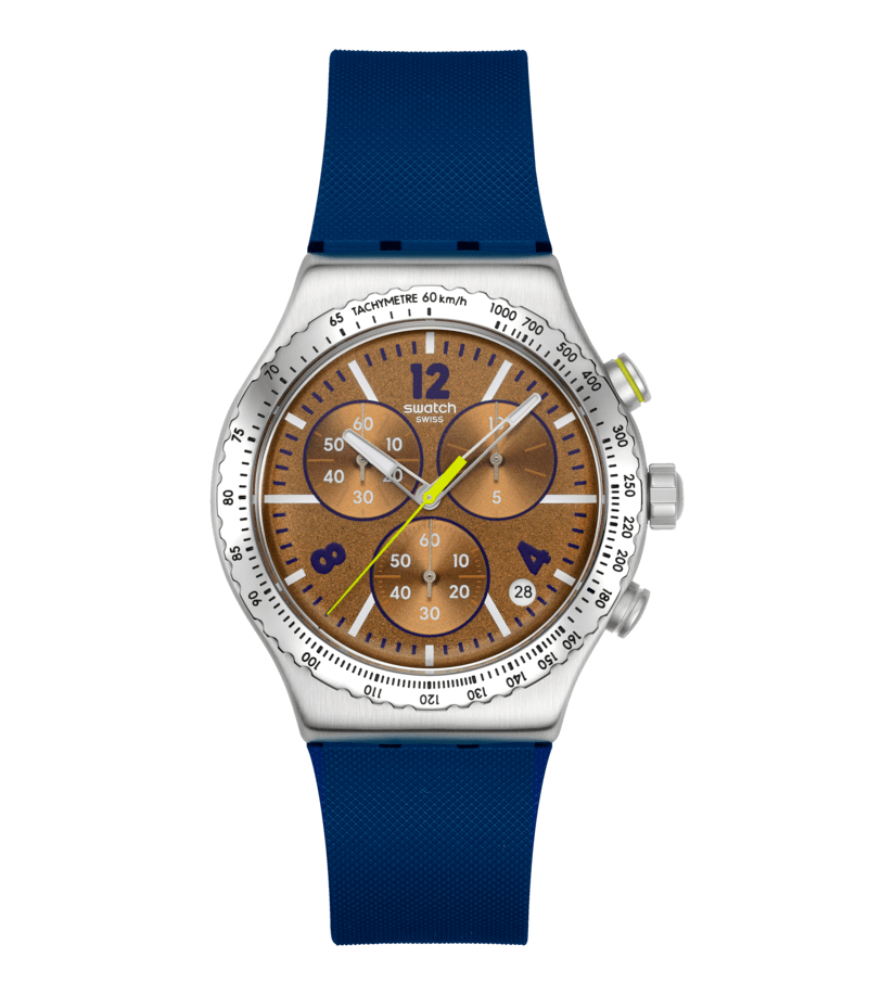 Herren-Chronograph mit blauem Armband, braunem Zifferblatt, Leuchtzeigern und Datum