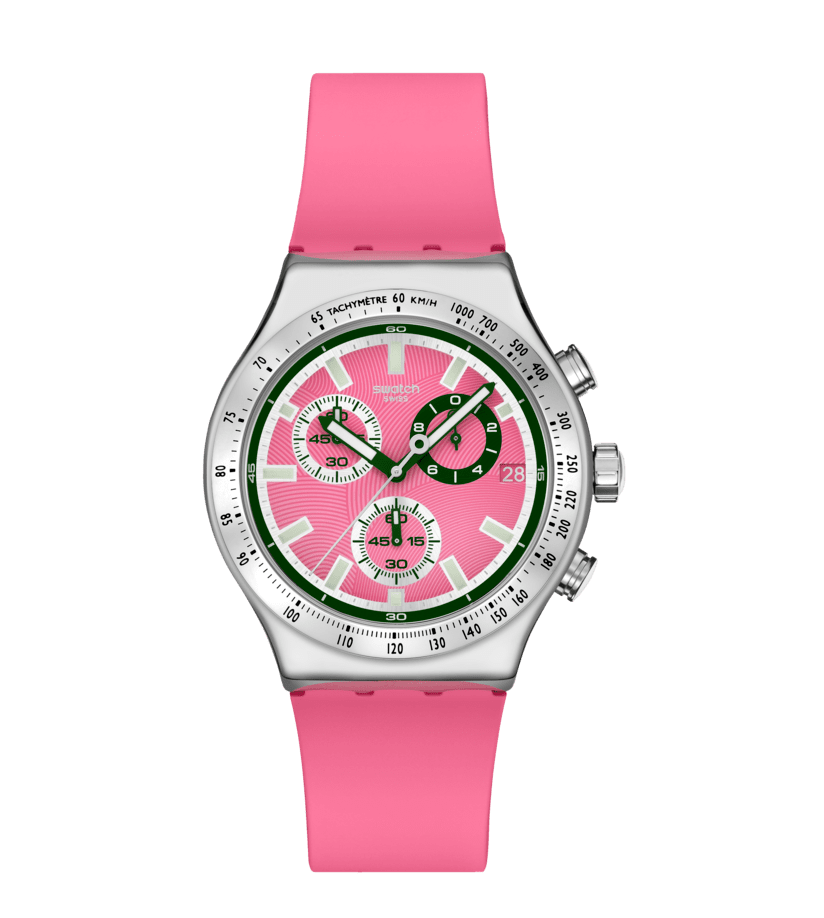 Damenuhr mit pinkem Silikonarmband, grün-pinkem Zifferblatt und Tachymeter-Lünette