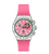 Damenuhr mit pinkem Silikonarmband, grün-pinkem Zifferblatt und Tachymeter-Lünette