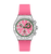 Damenuhr mit pinkem Silikonarmband, grün-pinkem Zifferblatt und Tachymeter