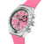 Damenuhr in Schrägansicht mit pinkem Silikonarmband, Zifferblatt und Drückern