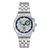Edelstahl-Chronograph mit blauem Zifferblatt, grünen Akzenten und silbernem Armband