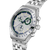 Edelstahl-Chronograph in Seitenansicht mit blaugrünen Chrono-Subdials und Kronen