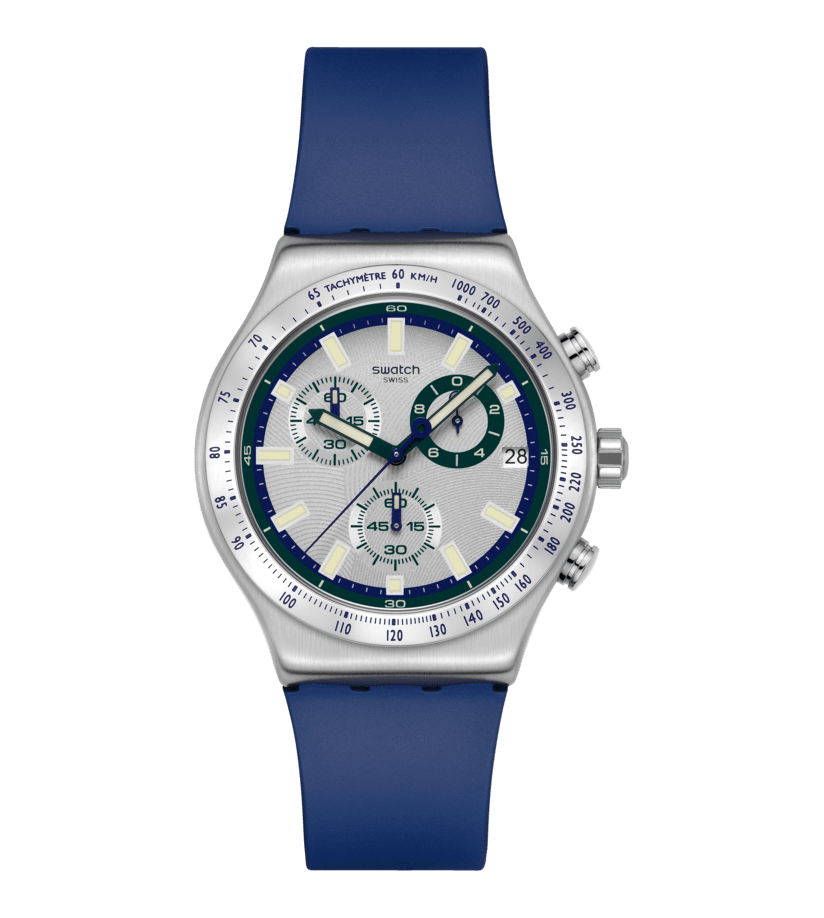 Herrenarmbanduhr mit silbernem Gehäuse, blauem Armband und Tachymeter-Lünette
