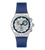 Herrenarmbanduhr mit silbernem Gehäuse, blauem Armband und Tachymeter-Lünette