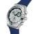 Herrenarmbanduhr, silbernes Gehäuse mit blauer Lünette und grünem Chronograph-Detail