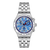 Herrenchronograph mit blauem Zifferblatt und Edelstahlarmband, Vorderansicht