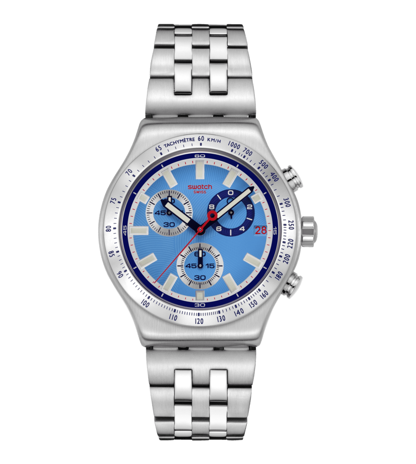 Herrenchronograph mit blauem Zifferblatt und Edelstahlarmband, Chronografen-Anzeige