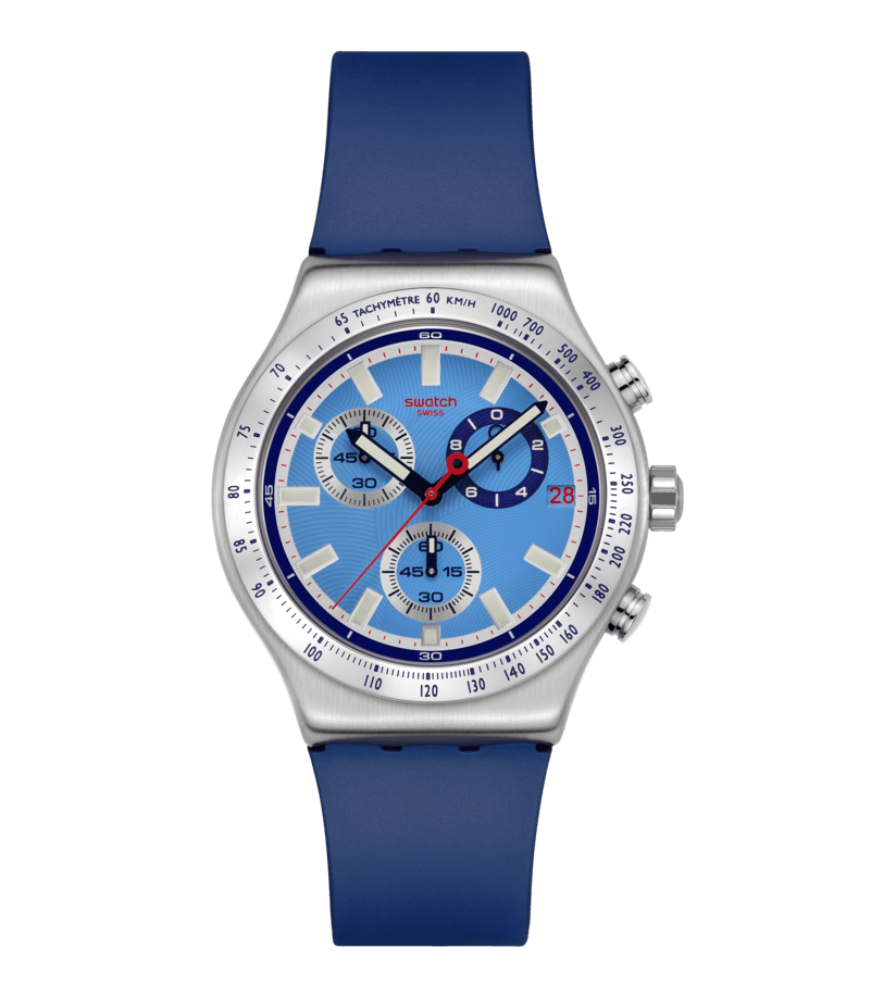 Swatch Chrono-Armbanduhr: blaues Silikonarmband, silbernes Gehäuse, blaues Zifferblatt