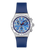 Swatch Chrono-Armbanduhr: blaues Silikonarmband, silbernes Gehäuse, blaues Zifferblatt