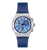Swatch Chrono-Armbanduhr: blaues Silikonarmband, silbernes Gehäuse, Chrono-Subdials im Blau