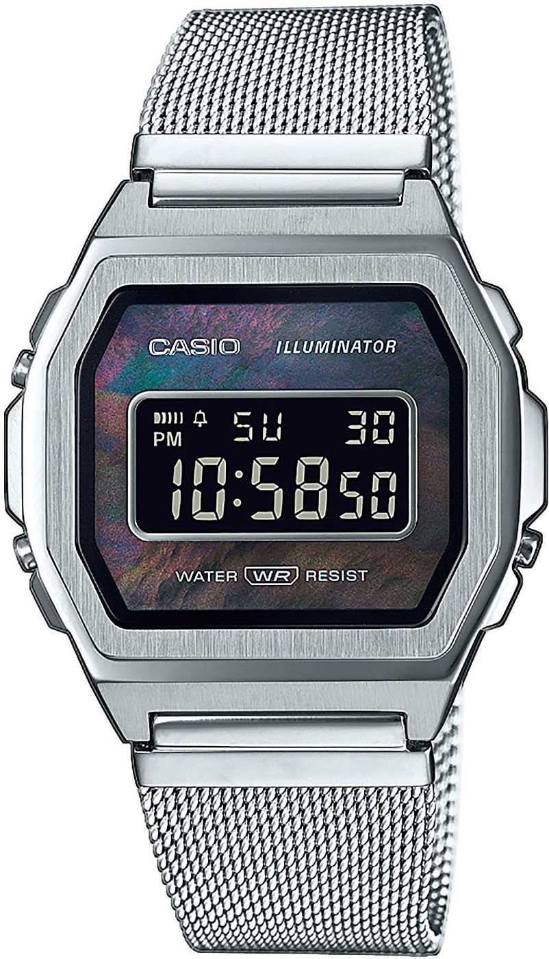 Montre numérique homme avec bracelet maille argenté et écran LCD rectangulaire