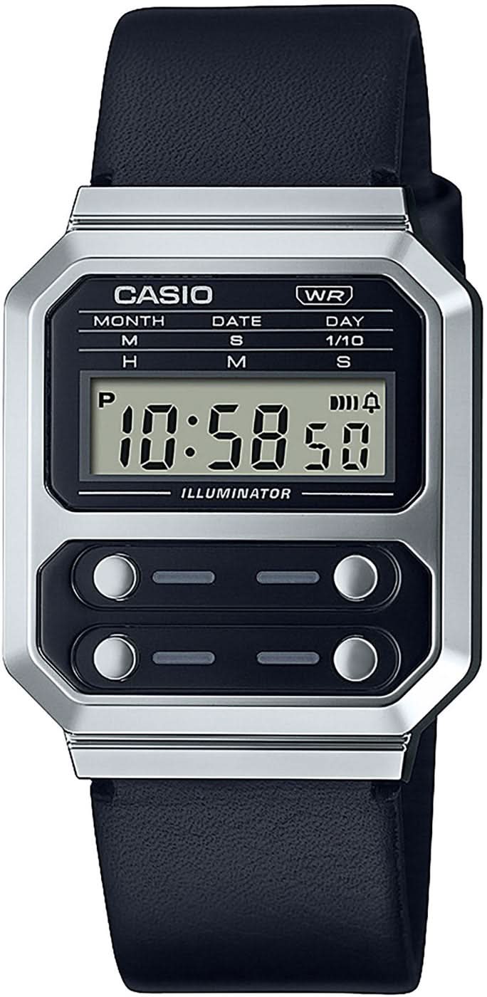 Bracelet de montre rétro avec bracelet en cuir noir, boîtier argenté et affichage LCD
