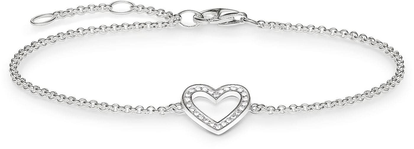 Bracelet en argent sterling 925 avec maille fine et breloque cœur ornée de pierres