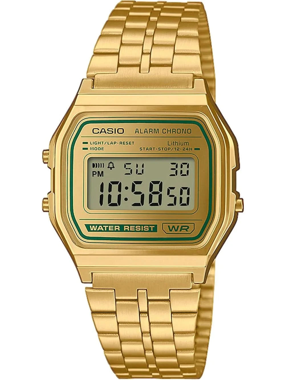 Casio Montre numérique vintage avec bracelet en métal doré, écran LCD rectangulaire et affichage de la date.