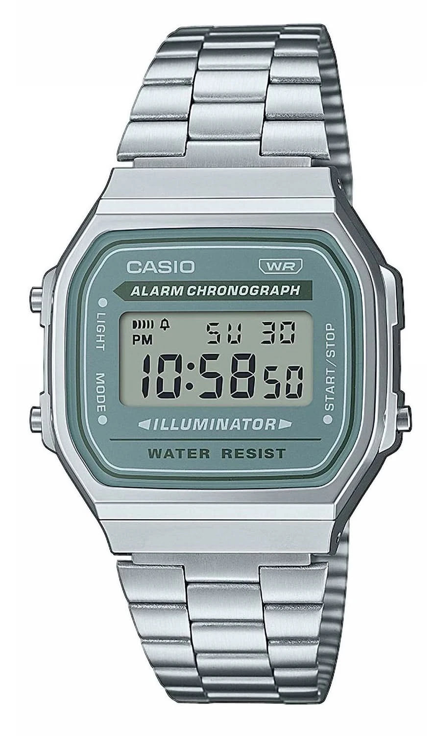 Casio Montre numérique vintage avec bracelet en métal, cadran vert et boutons latéraux