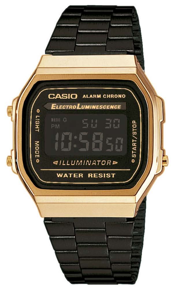 Montre numérique Casio avec boîtier doré et bracelet en métal noir, affichage lumineux