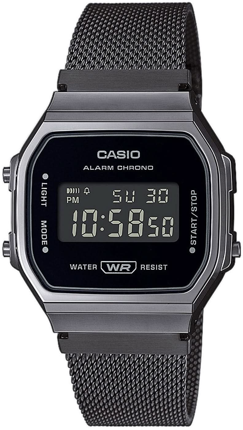 Casio Retro-Digitaluhr, schwarzes Metallarmband, digitales Alarm-/Chrono-Display.