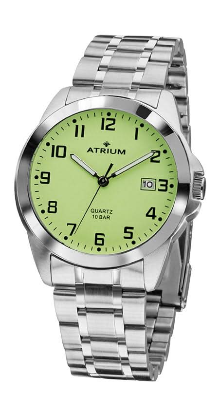 Montre argentée pour homme avec cadran rond vert citron et bracelet en métal, affichage de la date à 3 heures