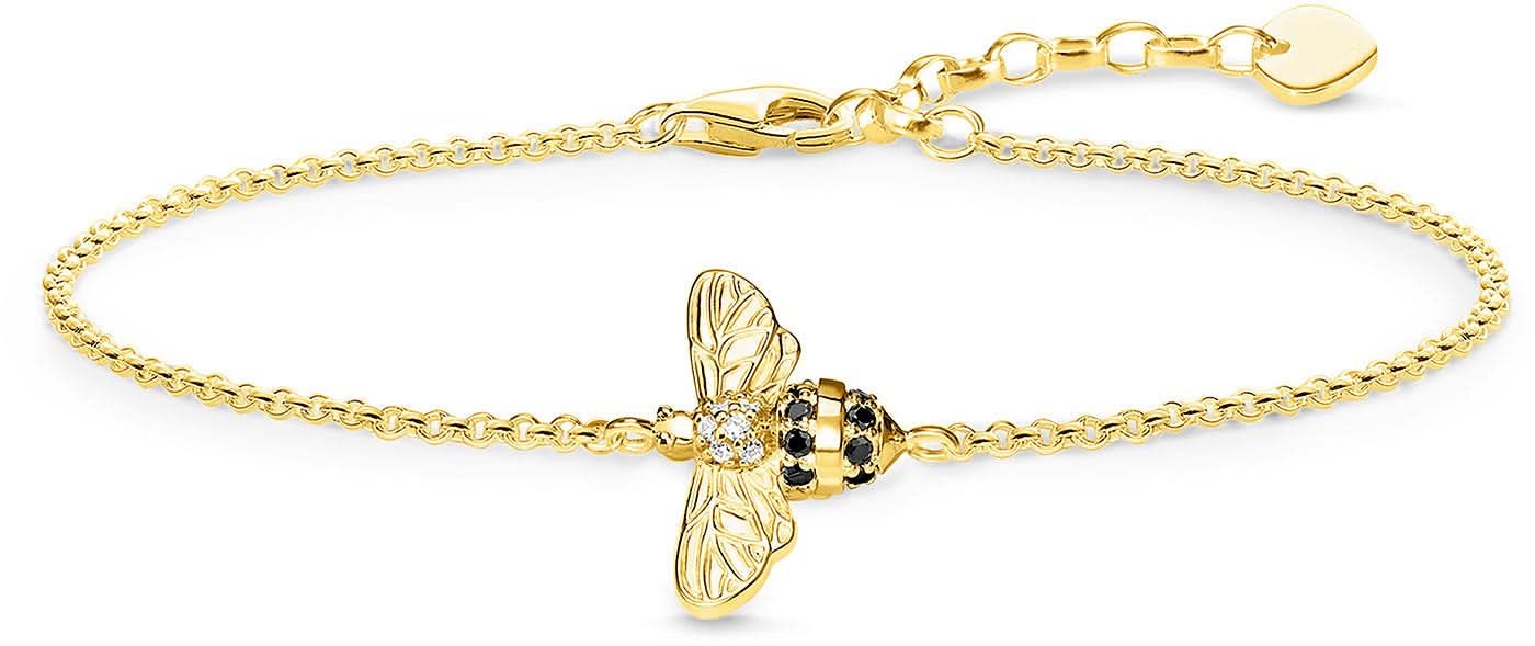 Bracelet doré à l'or jaune avec breloque abeille et pierres transparentes, fines mailles de chaîne