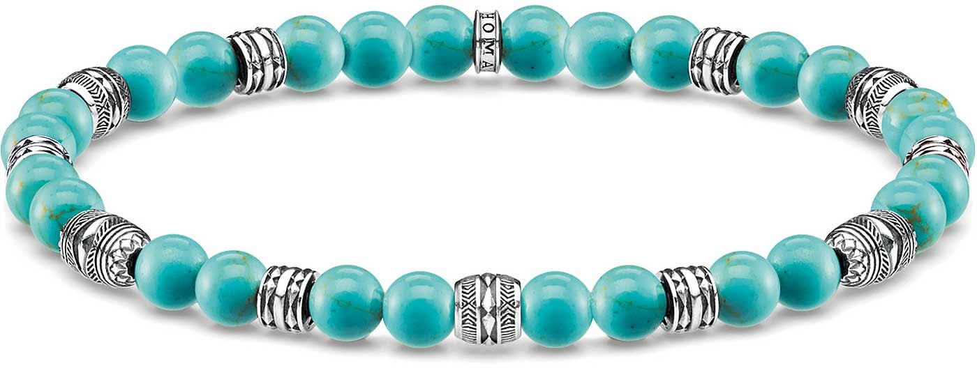 Bracelet perlé en argent sterling 925 avec perles turquoise et éléments argentés ornés